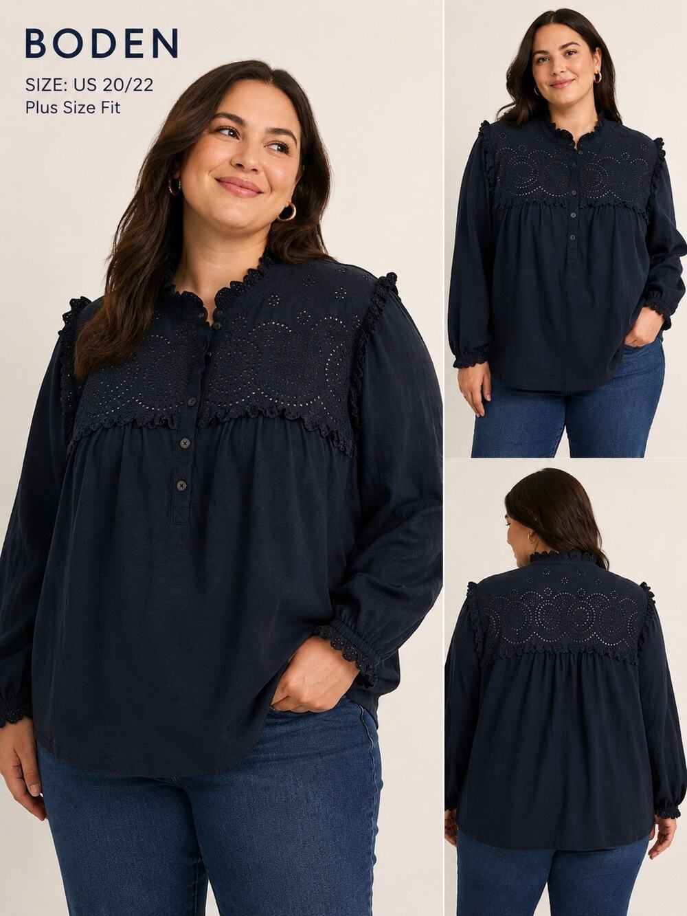 Boden Eyelet Black Ruffle Trim Peasant Blouse Boho Cottagecore Plus Size 20/22